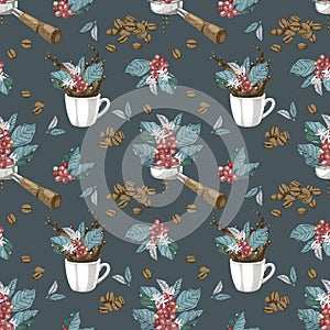Seamless pattern with coffee branches, beans, portafilter and cup with splash