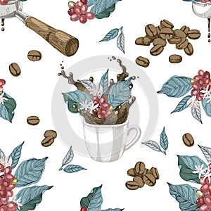 Seamless pattern with coffee branches, beans, portafilter and cup with splash photo