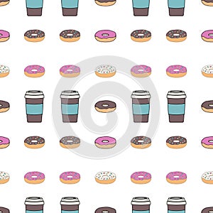 Seamless pattern. A coffee Cup with a lid and a glazed donut. Breakfast in the cafe.