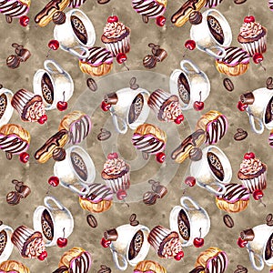 Seamless pattern with coffee cups, cherry muffins and chocolate candies