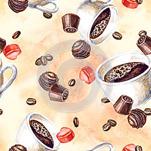 Seamless pattern with coffee cups and chocolate candies