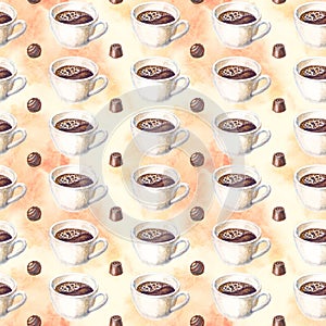 Seamless pattern with coffee cups and chocolate candies