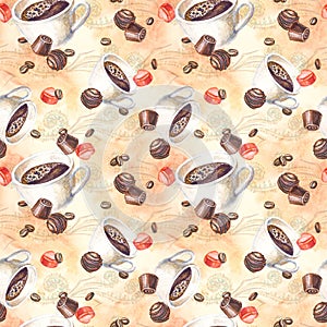 Seamless pattern with coffee cups and chocolate candies