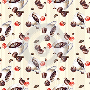 Seamless pattern with coffee cups and chocolate candies