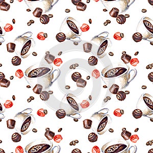 Seamless pattern with coffee cups and chocolate candies