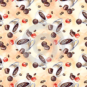 Seamless pattern with coffee cups and chocolate candies