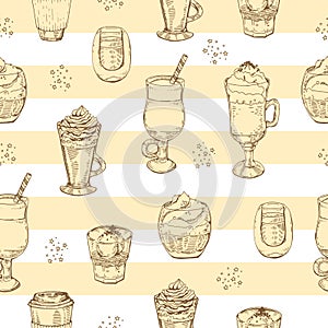 Seamless pattern coffee drinks and desserts on lineal background.