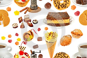 Seamless pattern. Coffee, ice cream, pastries, jelly and chocolate candies isolated on white