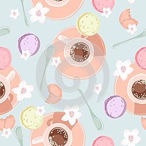 Seamless pattern with coffee, macarons, and flowers. Morning background. Vector