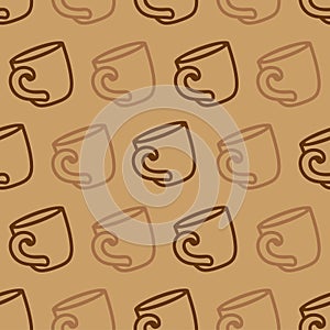 Seamless pattern with coffee mug on a brown background. Illustration of drinking coffee or tea cups.