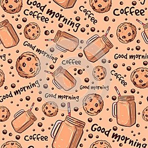 Seamless pattern for coffee shops with beverage and chocolate chip cookies. Sweet repetitive background with pastries.