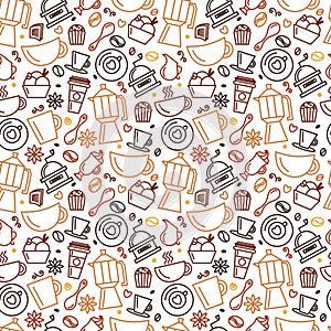 Seamless pattern for coffee theme. Line art draw icons.