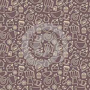 Seamless pattern for coffee theme. Line art draw icons.