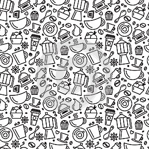 Seamless pattern for coffee theme. Line art draw icons.