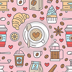 Seamless pattern of coffee, vector background. Cute beverages, hot drinks colored flat line icons - coffee maker machine