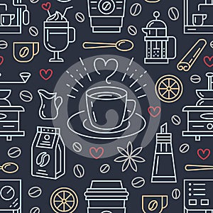 Seamless pattern of coffee, vector background. Cute beverages, hot drinks flat line icons - coffeemaker machine, beans