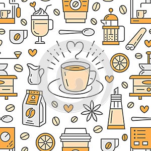 Seamless pattern of coffee, vector background. Cute beverages, hot drinks flat line icons - coffeemaker machine, beans photo