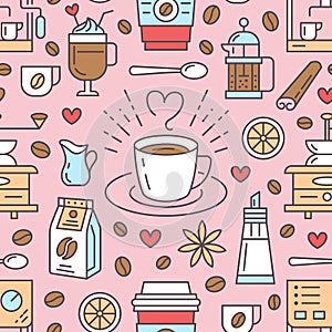 Seamless pattern of coffee, vector background. Cute beverages, hot drinks flat line icons - coffeemaker machine, beans photo