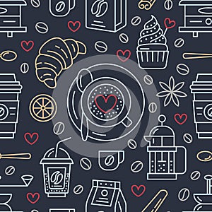 Seamless pattern of coffee, vector background. Cute beverages, hot drinks flat line icons - french press, beans, cup
