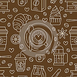 Seamless pattern of coffee, vector background. Cute beverages, hot drinks flat line icons - french press, beans, cup