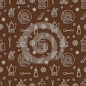 Seamless pattern of coffee, vector background. Repeated brown texture for coffee shop wrapping paper. Cute beverages