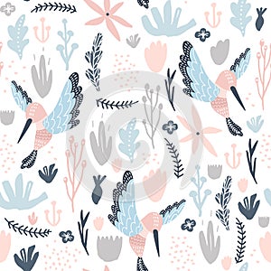 Seamless pattern with colibri and flowers. Creative botanical height detailed background. Perfect for kids apparel,fabric, textile photo