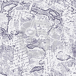 Seamless pattern with collage of handwritten text and maps