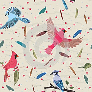 Seamless pattern from collection with blue jay and red cardinal birds.