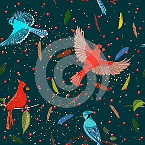 Seamless pattern from collection with blue jay and red cardinal birds.