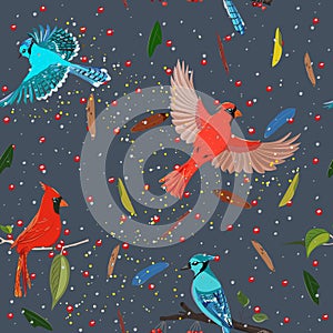 Seamless pattern from collection with blue jay and red cardinal birds.