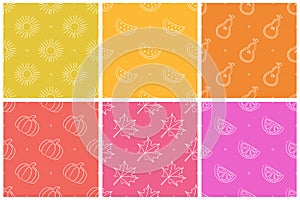Seamless pattern collection. Color vector background set. Fruit texture group. Sun, leaf, watermelon, pear, tangerine, orange.