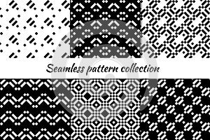 Seamless pattern collection. Geometrical design backgrounds set. Repeated dotted lines, mini squares motif