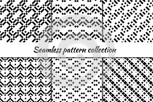 Seamless pattern collection. Geometrical design backgrounds set. Repeated dotted lines, mini squares motif