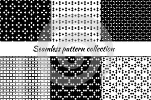 Seamless pattern collection. Geometrical design backgrounds set. Repeated rhombuses, diamonds, squares motif. Geo print