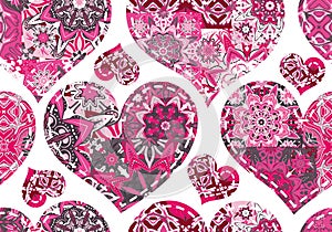 Seamless pattern with collection hearts in vintage patchwork style.