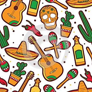 Seamless pattern with collection of mexican symbols. Decorative background