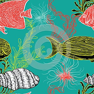 Seamless pattern with collection of sea shell, marine plants, seaweed and tropical fish.