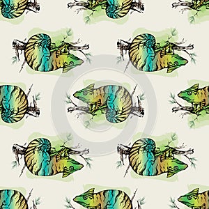 Seamless pattern Color calligraphic ink silhouette of a chameleon on a background of paint stains. hand drawing