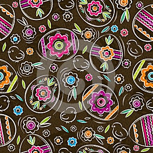 Seamless pattern with color easter eggs, flowers and chicks
