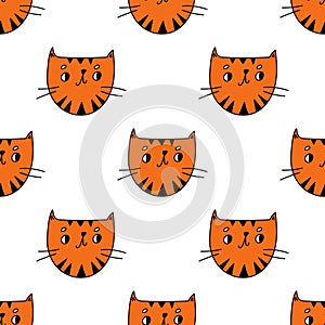 Seamless pattern with color hand drawn cat head in cartoon style. Vector illustration