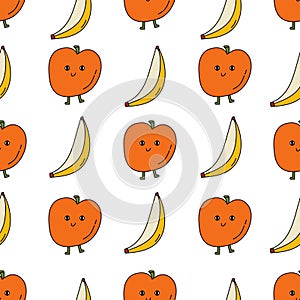 Seamless pattern with color hand drawn fruits in retro style. Vector illustration