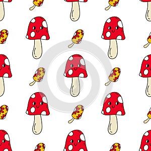 Seamless pattern with color hand drawn mushroom in retro style. Vector illustration