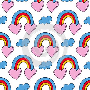 Seamless pattern with color hand drawn rainbow with a hearts in retro style. Vector illustration