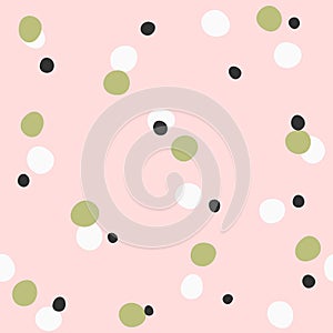 Seamless pattern with color irregular polka dot. Pink, white, green, black. Stylish vector illustration.