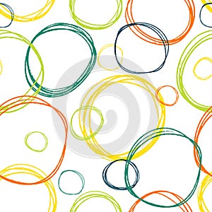 Seamless pattern with color scribbles circles. Vector abstract hand drawn background with orange, green, yellow pencil