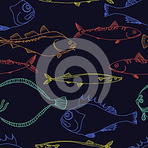 Seamless pattern of color sea fish on a black background. Vector doodle.