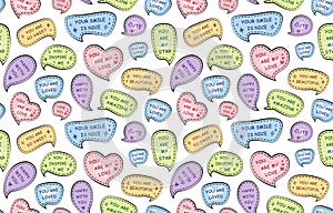 Seamless pattern with color speech bubbles. Cute stickers with motivational compliment phrases, love quotes