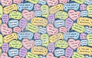 Seamless pattern with color speech bubbles and love compliment phrases