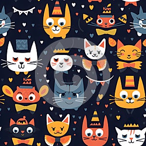 Seamless pattern Colored cats with bowties happy spiders in tiny hats ,Generative AI tools