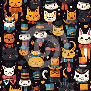 Seamless pattern Colored cats with bowties happy spiders in tiny hats ,Generative AI tools